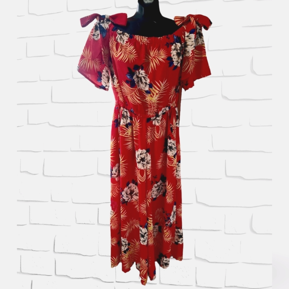 AUW Off the Shoulder Floral Palazzo Pantsuit Candy Apple Red